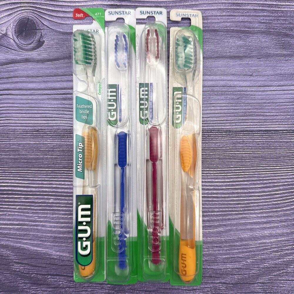 4 LOT GUM Sunstar #471 Micro Tip Compact Soft Head Toothbrush Vintage Made USA